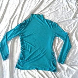 Sculpture Silk fitted, ruched mock neck top, blue.  Size M
